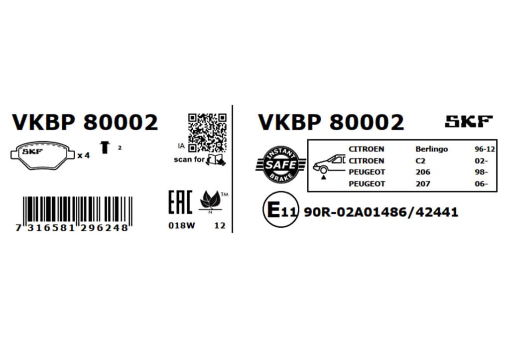 Jogo de 4 pastilhas de travão SKF ref. VKBP 80002